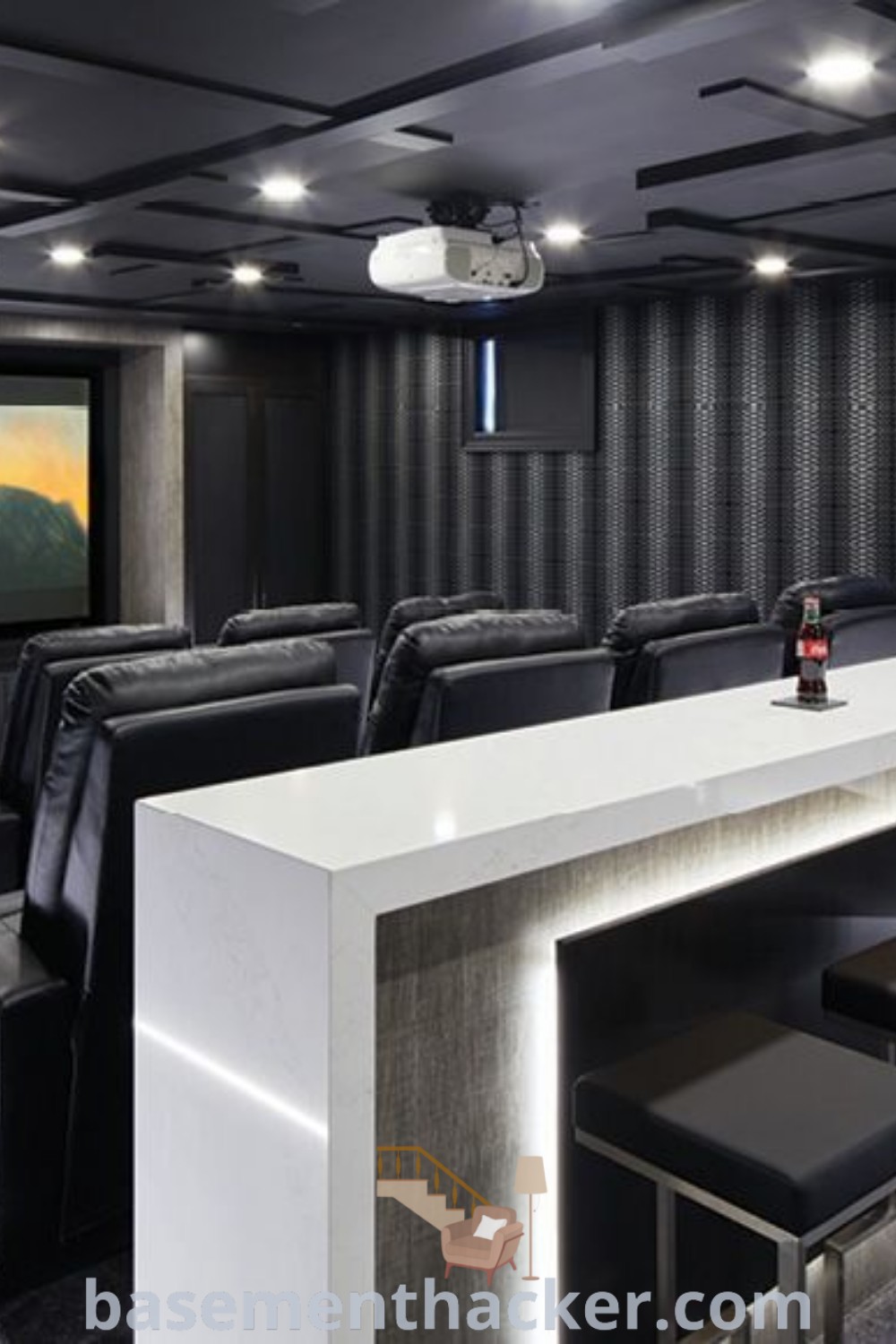 A modern home theater with black chairs and a white counter, showcasing stylish decor for small home theaters and innovative ideas for designing a cozy space. Perfect for family entertainment, this setup offers tips for basement makeovers and stylish bonus room design ideas for families at basementhacker.com.