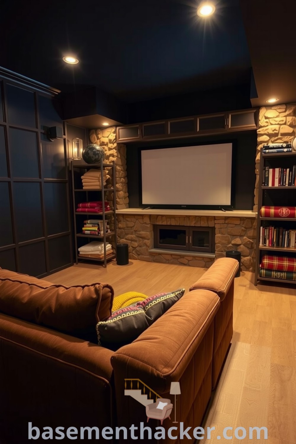 Stylish basement movie room featuring a plush couch, warm ambient lighting, and shelves filled with classic films and blankets, ideal for cozy gatherings, showcased on basementhacker.com.