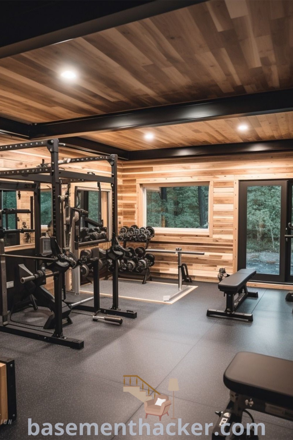 A home gym featuring various exercise equipment designed for functionality and style, showcasing innovative ideas for gym sheds and patios. Ideal for anyone looking for dream home gym inspiration and effective home gym ideas. More designs can be found at basementhacker.com.