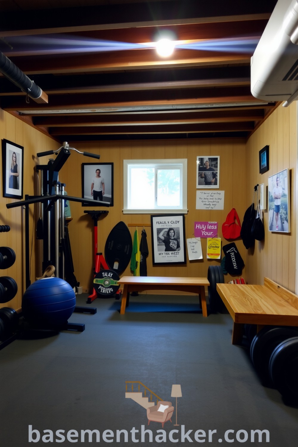 Inviting basement gym room with rubber flooring, well-used weights, wooden beams, and personal decor, ideal for a stylish and functional home design, featured on basementhacker.com.