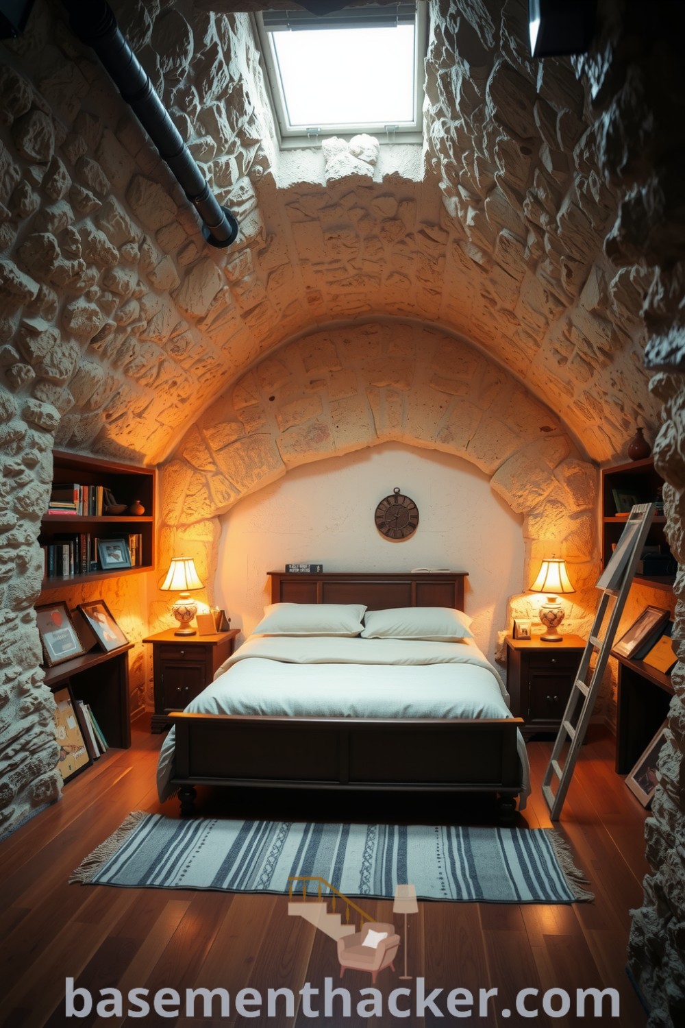 Cozy basement bedroom featuring exposed stone walls, wooden bed frame, mismatched lamps, and bookshelves, providing innovative ideas for a stylish and functional home design, showcased on basementhacker.com.