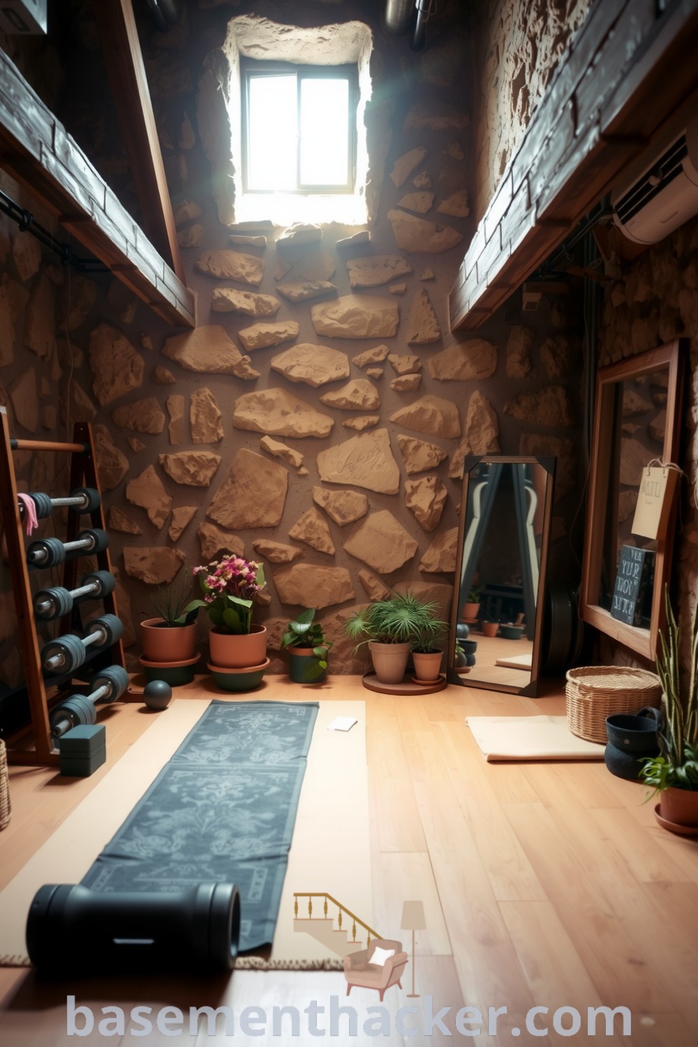 Rustic basement gym room with stone walls, wooden rack for weights, large mirror, yoga mat, and potted plants, showcasing innovative ideas for designing a stylish and functional home gym on basementhacker.com.