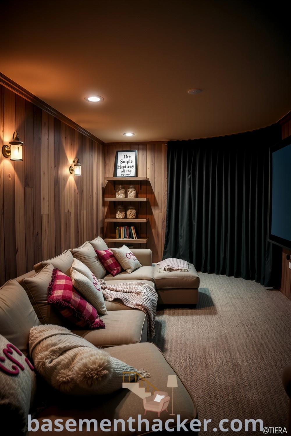 Cozy basement cinema room featuring an oversized couch, rustic wooden panels, vintage sconces, large screen with dark curtains, and shelves with DVDs and popcorn jars for a stylish and functional home design, showcased on basementhacker.com.