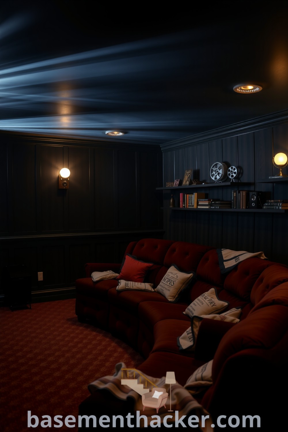 Cozy home theater featuring a plush oversized couch, dark wooden paneling, vintage film reels, and warm lighting, ideal for a stylish and functional home design, showcased on basementhacker.com.