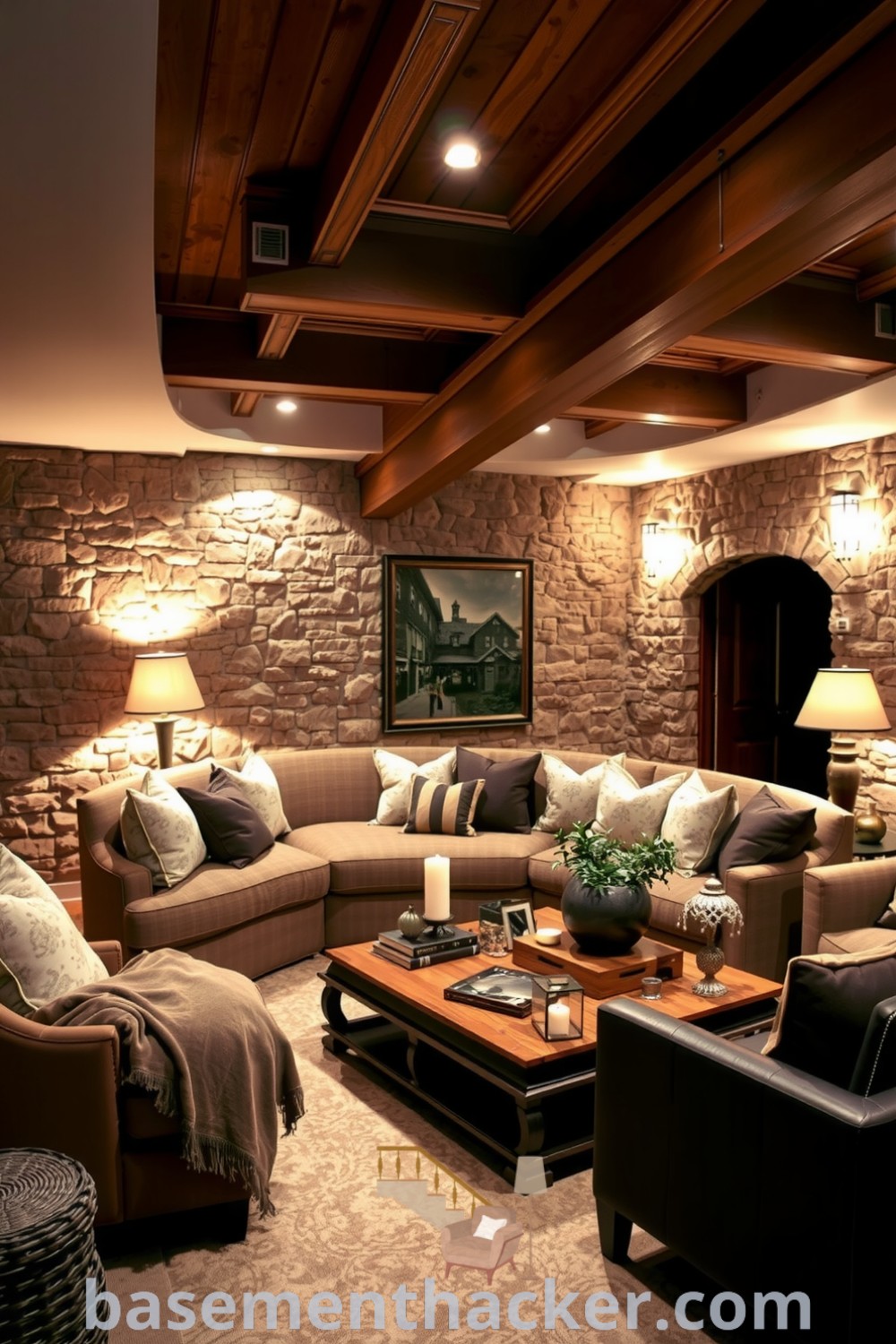 Luxurious basement living room with an oversized sectional, exposed stone walls, wooden beams, and stylish lighting, showcasing innovative ideas for a cozy and organized home on basementhacker.com.