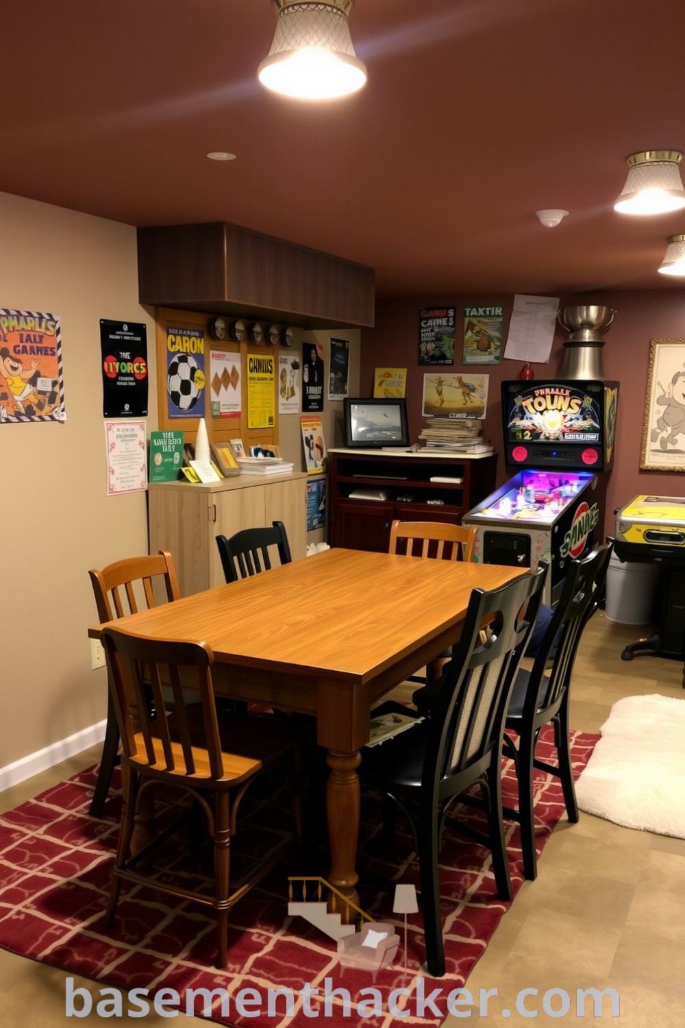 Warm and inviting basement game room featuring a sturdy wooden table, mismatched chairs, cheerful posters, a plush rug, and a vintage pinball machine, ideal for ultimate entertaining, showcased on basementhacker.com.