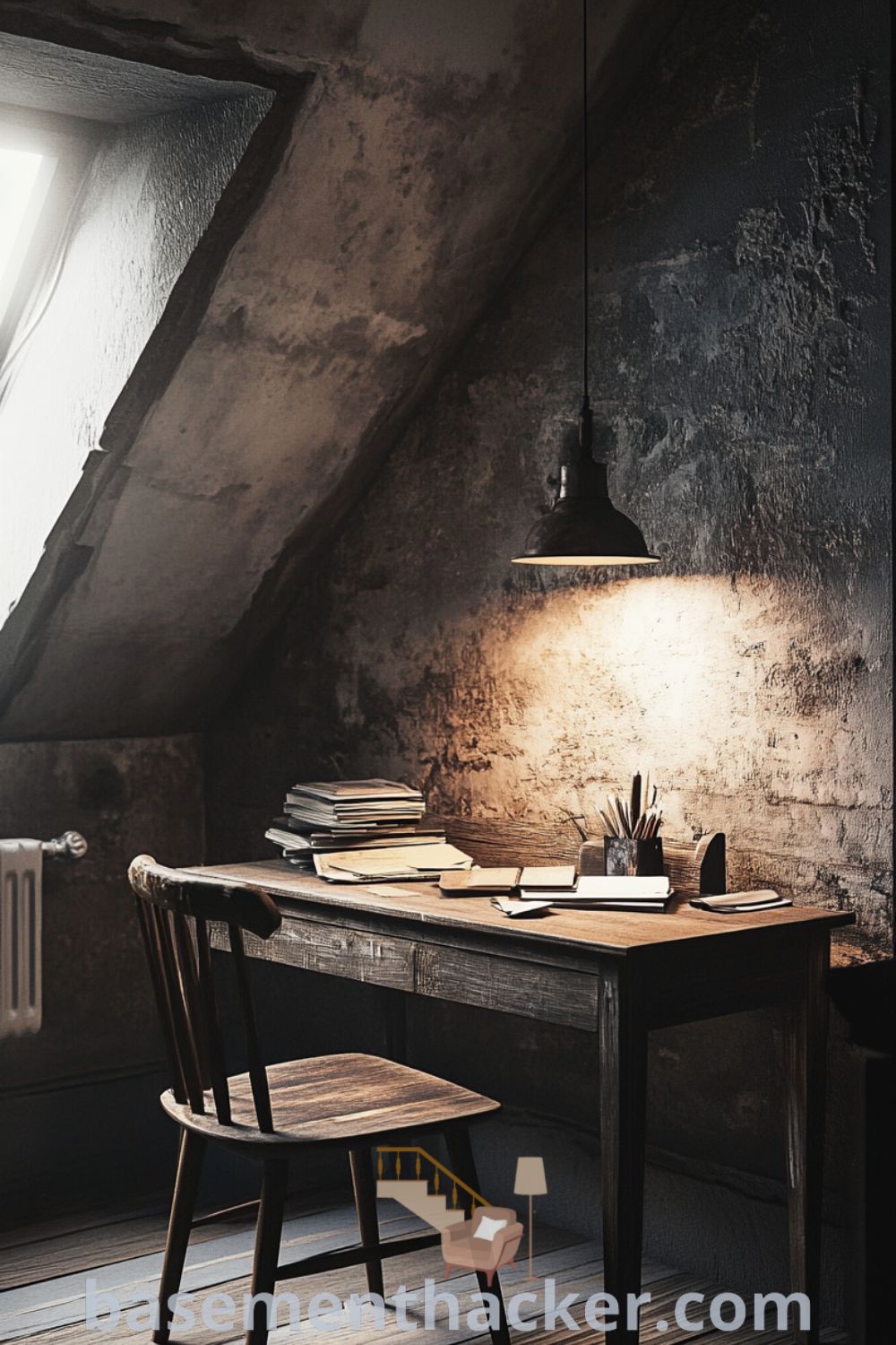Cozy basement home office featuring a wooden desk, vintage lamp, scattered notebooks, and textured gray walls, providing innovative ideas for designing a stylish and functional home, showcased on basementhacker.com.