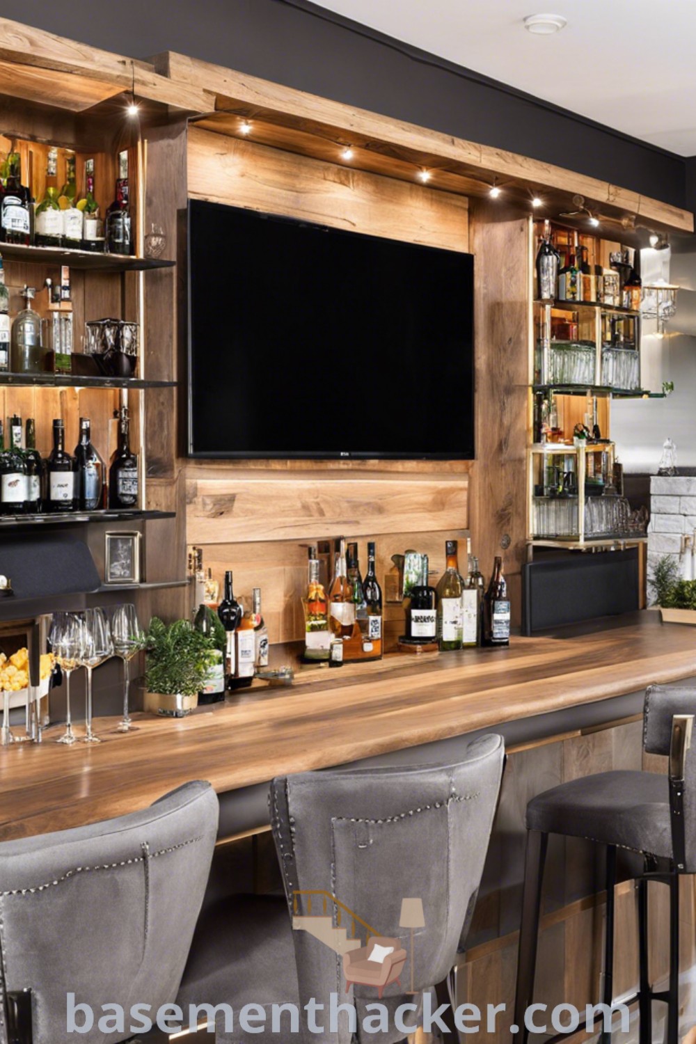 A stylish basement bar with a flat-screen TV, showcasing numerous bottles and glasses, ideal for innovative ideas for designing a home bar. This home bar with TV and shelves offers practical and aesthetic benefits, making it perfect for basement hacks and stylish bonus space ideas for ultimate entertaining. Explore more inspiration at basementhacker.com.