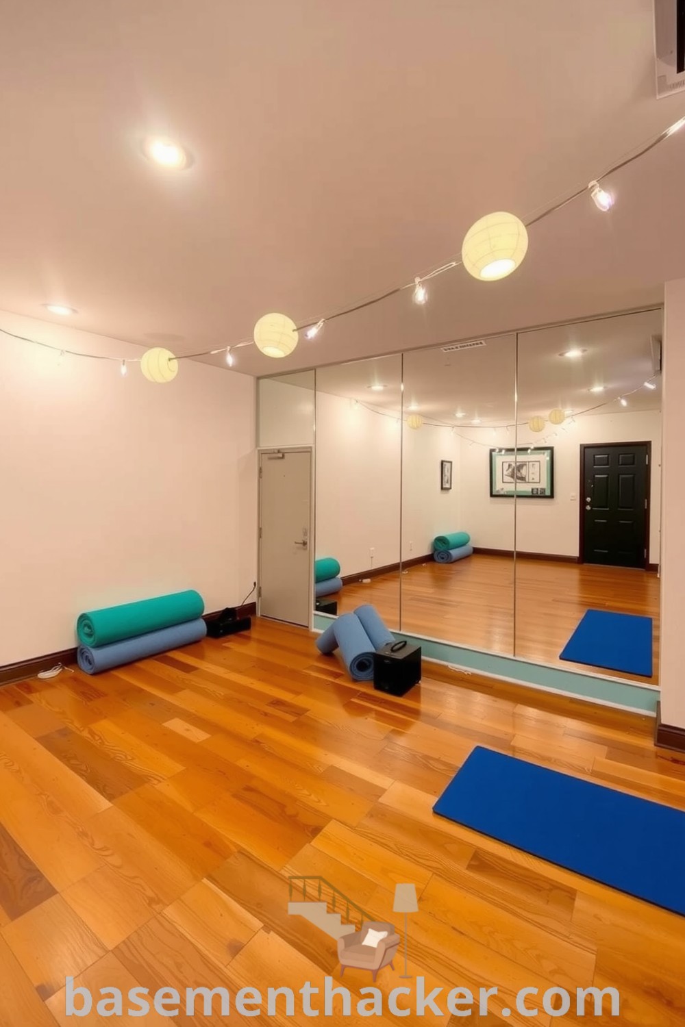 Vibrant basement dance fitness room with warm wooden flooring, pastel walls, mirrors, and string lights, designed for a cozy and inviting atmosphere, featured on basementhacker.com.