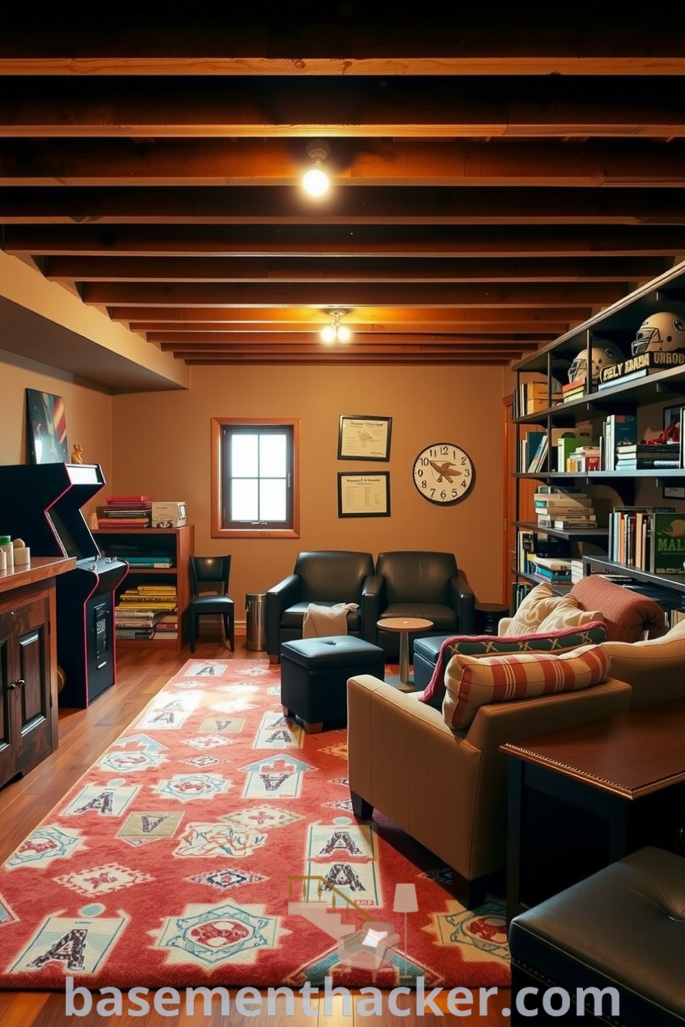 Inviting basement game room with exposed wooden beams, reclaimed wood bar, comfortable seating, vintage arcade machine, and shelves of games, designed for ultimate entertaining and enjoyment. Showcased on basementhacker.com.
