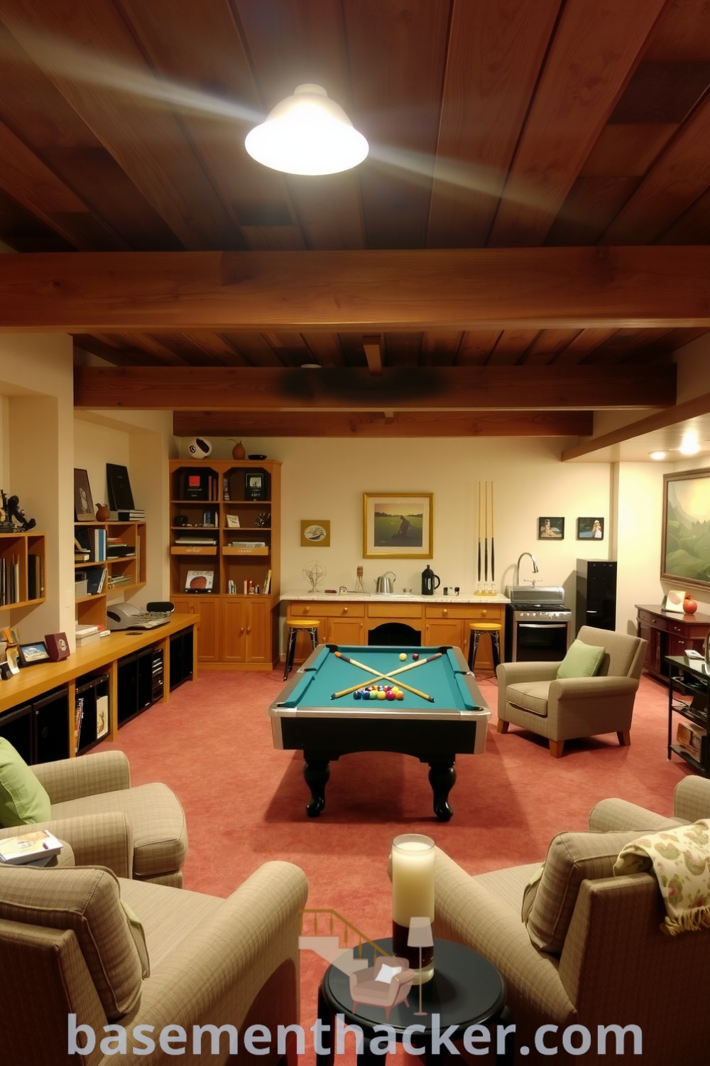 Warm and inviting basement game room featuring a vintage pool table, plush armchairs, and eclectic board games, perfect for ultimate entertaining, showcased on basementhacker.com.