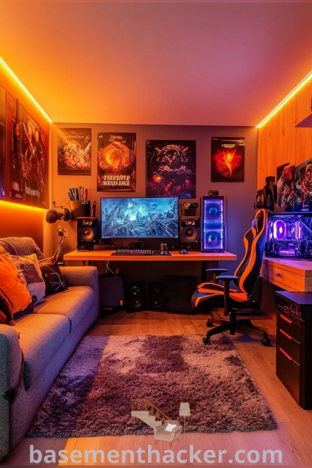 A stylish gamer room filled with furniture, featuring a wall-mounted computer monitor above a wooden desk, showcases innovative ideas for designing a cozy and organized gaming cave. Perfect for a small bedroom or hobby room for men, find more gaming room ideas at basementhacker.com.