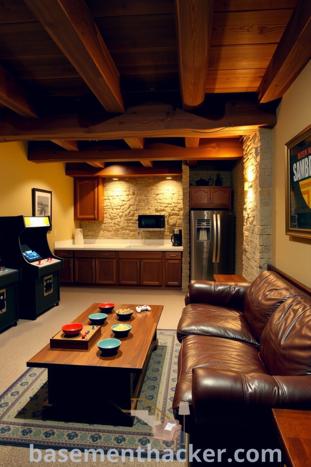 Inviting basement game room with rustic stone walls, wooden beams, vintage arcade cabinet, and leather sofa, featuring soft lighting and a kitchenette, ideal for ultimate entertaining, shared on basementhacker.com.