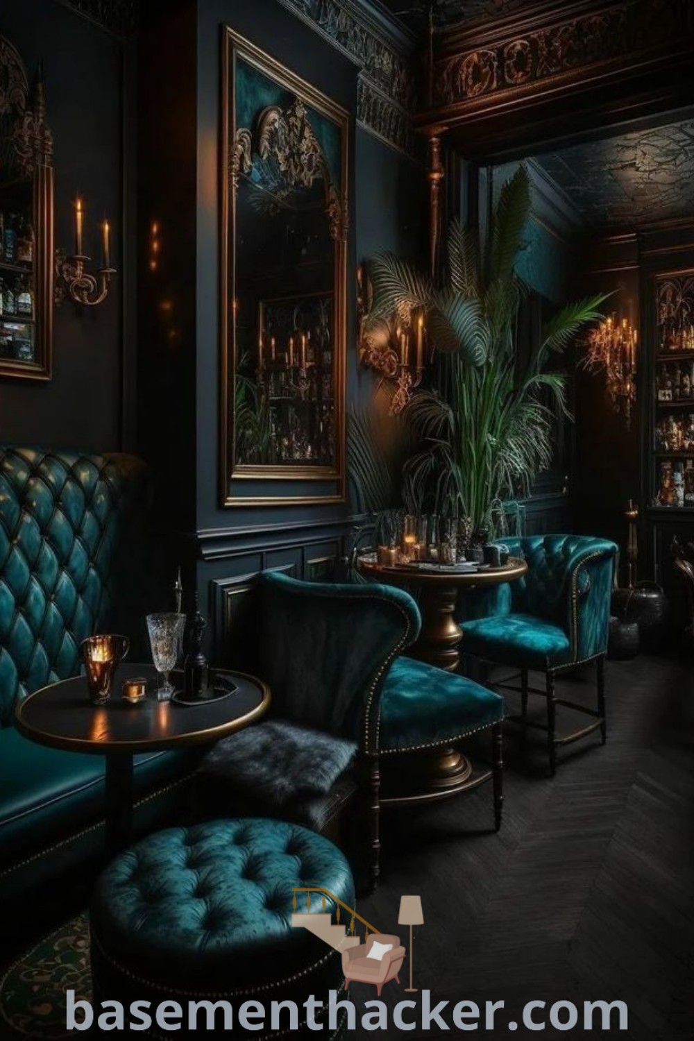 A stylish room featuring blue velvet couches and tables, embodying Dark Academia and Gothic interior design. The moody decor offers innovative ideas for designing a cozy and organized home space, perfect for ultimate entertaining. Explore more design inspirations at basementhacker.com.