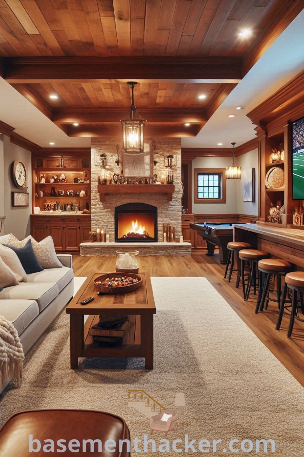 A cozy and stylish basement living room with furniture, a flat-screen TV over a fireplace, showcasing innovative ideas for designing a rustic finished basement. Perfect for ultimate entertaining, it offers inspiration for a man cave, farmhouse style, and more. Explore more at basementhacker.com.
