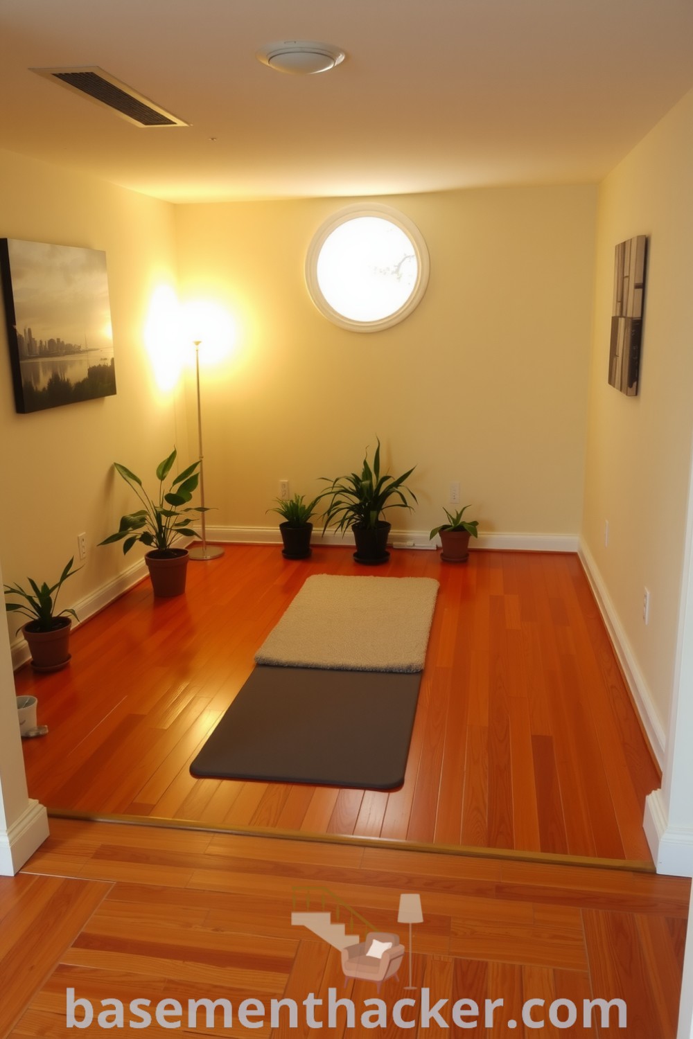Basement yoga and stretching room featuring warm wooden floors, soft natural light, calming artwork, and potted plants, offering innovative ideas for designing a stylish and functional home space, presented on basementhacker.com.