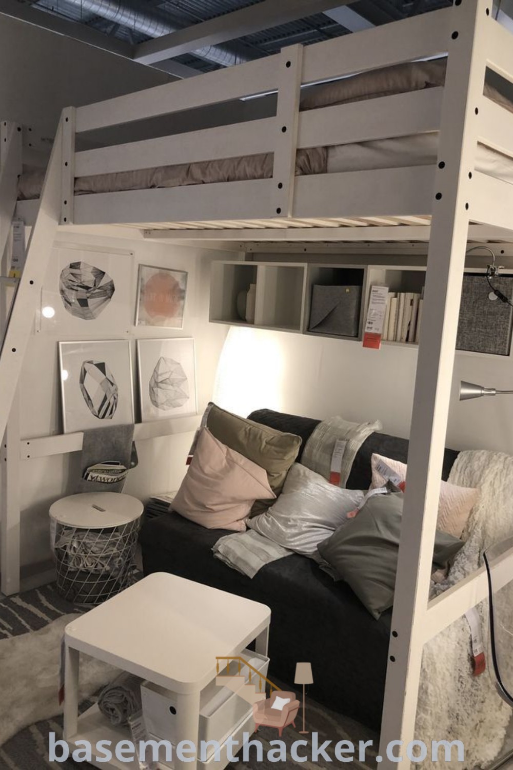 A stylish loft bed with a couch underneath, showcasing innovative ideas for designing small rooms and studio apartments. This aesthetic setup highlights functional space utilization and invites relaxation and entertaining. Explore more unique loft bed ideas for a cozy and organized home at basementhacker.com.