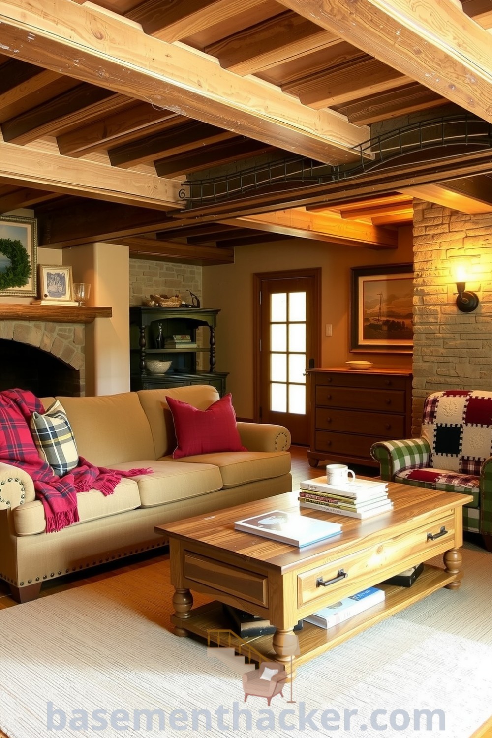 Welcoming basement living room with exposed wooden beams, stone walls, an overstuffed couch, and a reclaimed wood coffee table, featuring cozy decor ideas for a stylish and functional home design, showcased on basementhacker.com.