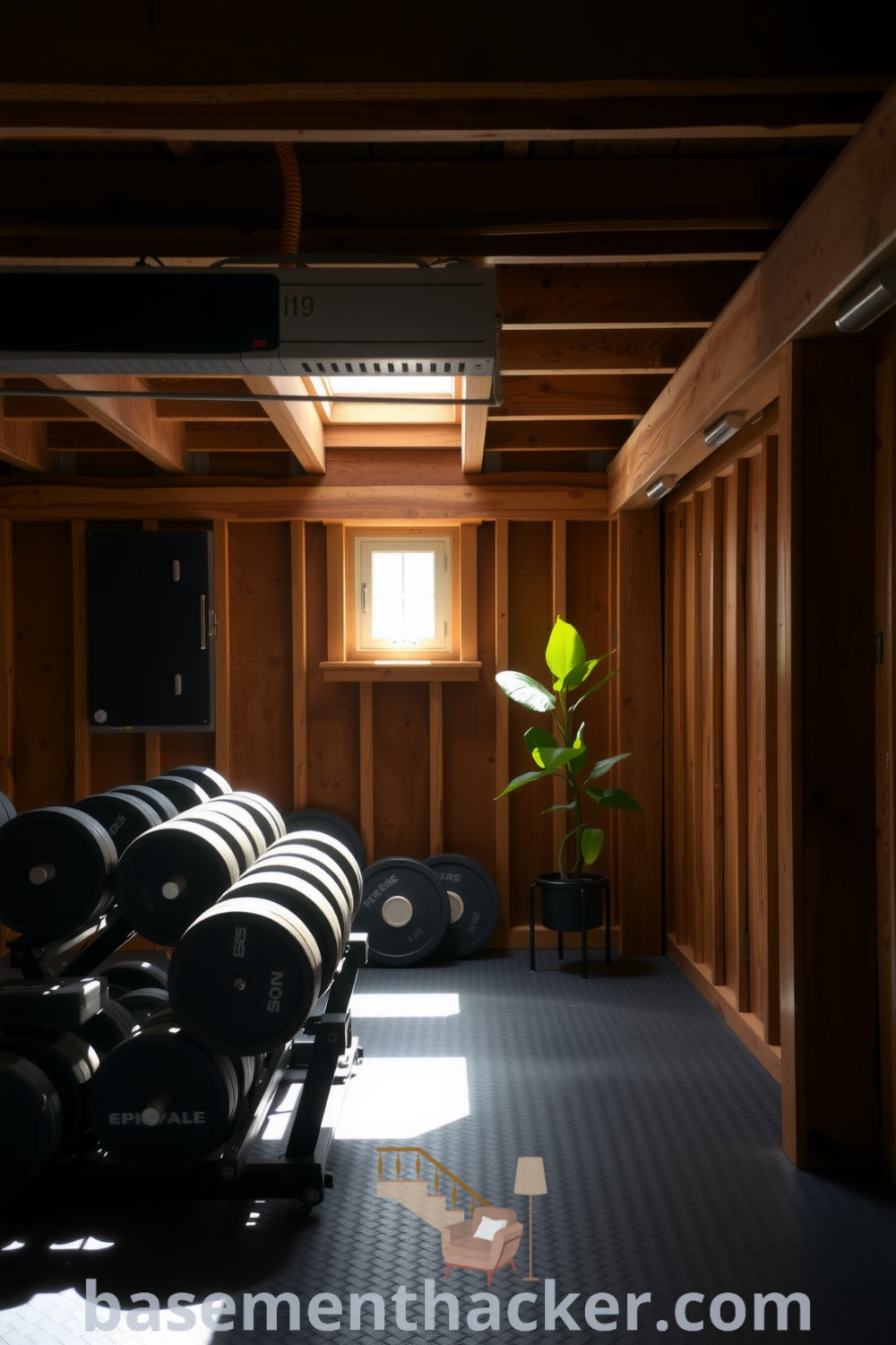 Inviting basement gym with exposed wooden beams, a weight rack, and a vibrant green plant, creating a cozy atmosphere for an active lifestyle, featured on basementhacker.com.