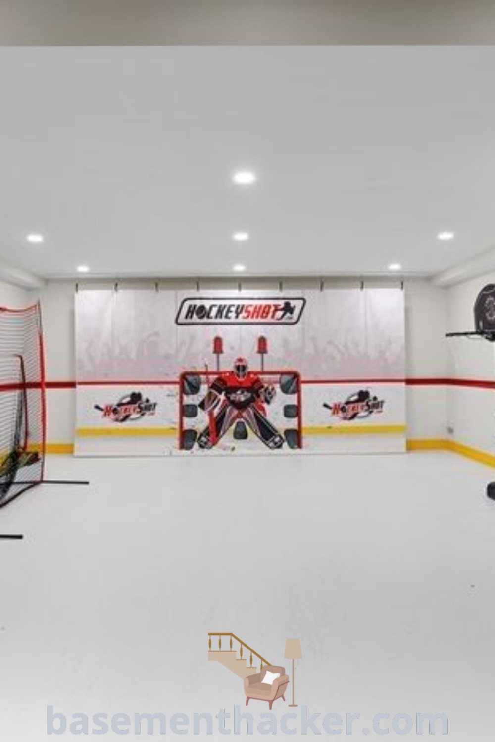 An indoor hockey training room in a basement featuring a hockey goalie