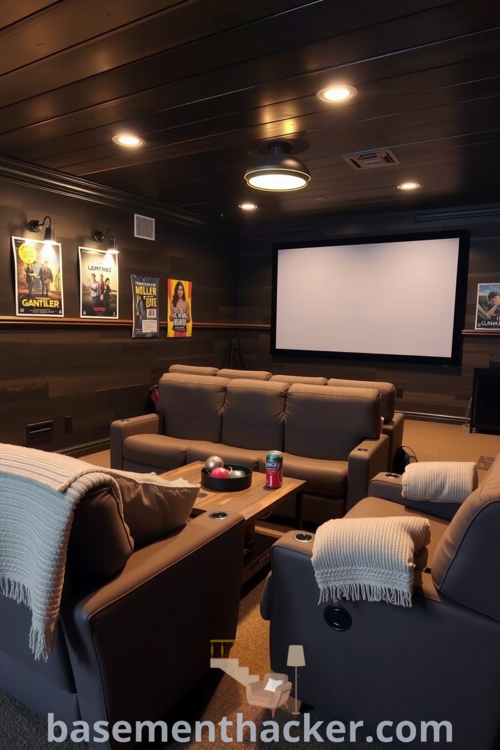Charming basement cinema room with plush recliners, projection screen, rustic coffee table, and warm lighting, perfect for a cozy movie night for families, showcased on basementhacker.com.