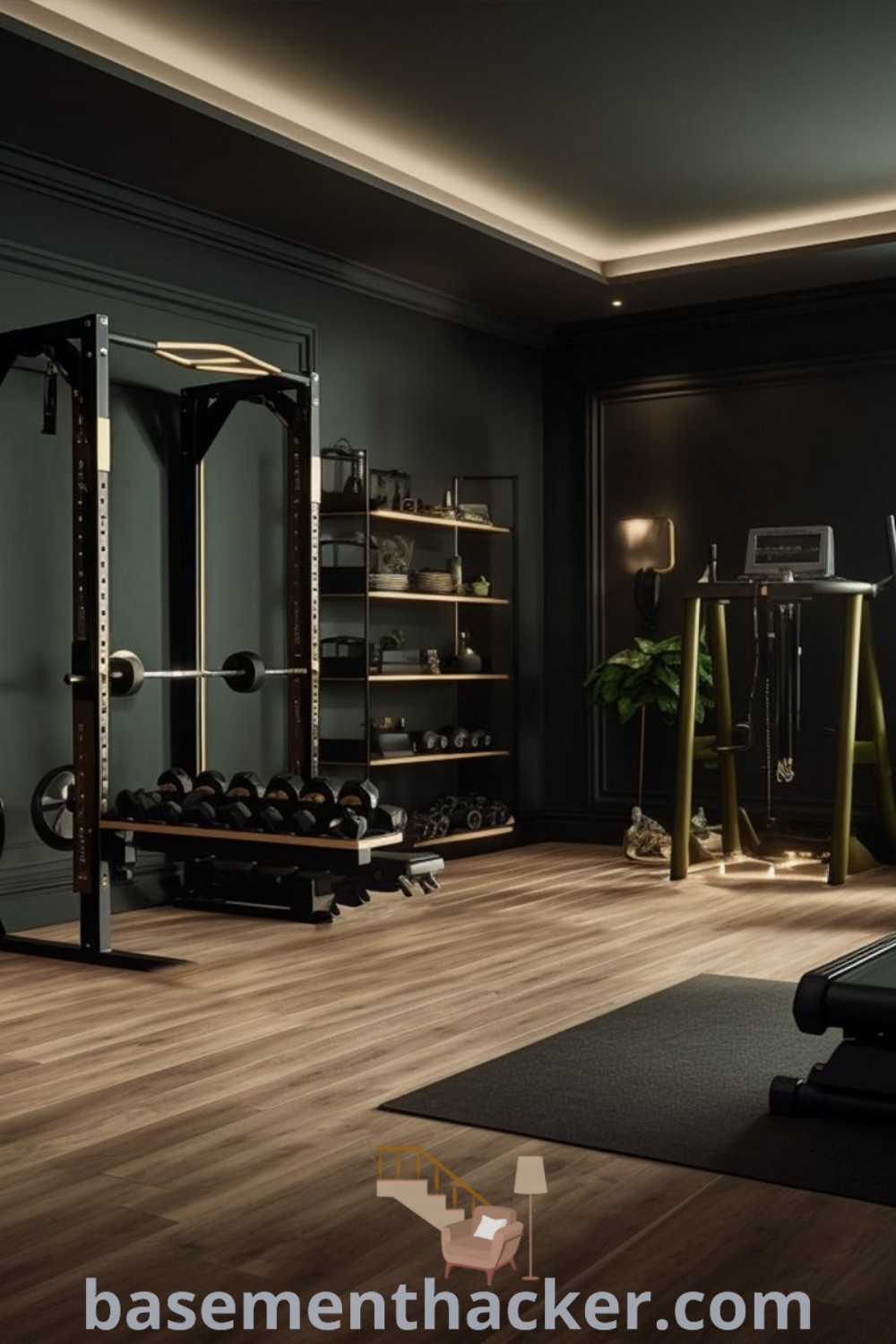 A stylish and functional home gym with exercise equipment set against black garage walls, complemented by potted plants. This moody gym aesthetic offers innovative ideas for designing a cozy and organized workout space. Discover more at basementhacker.com.