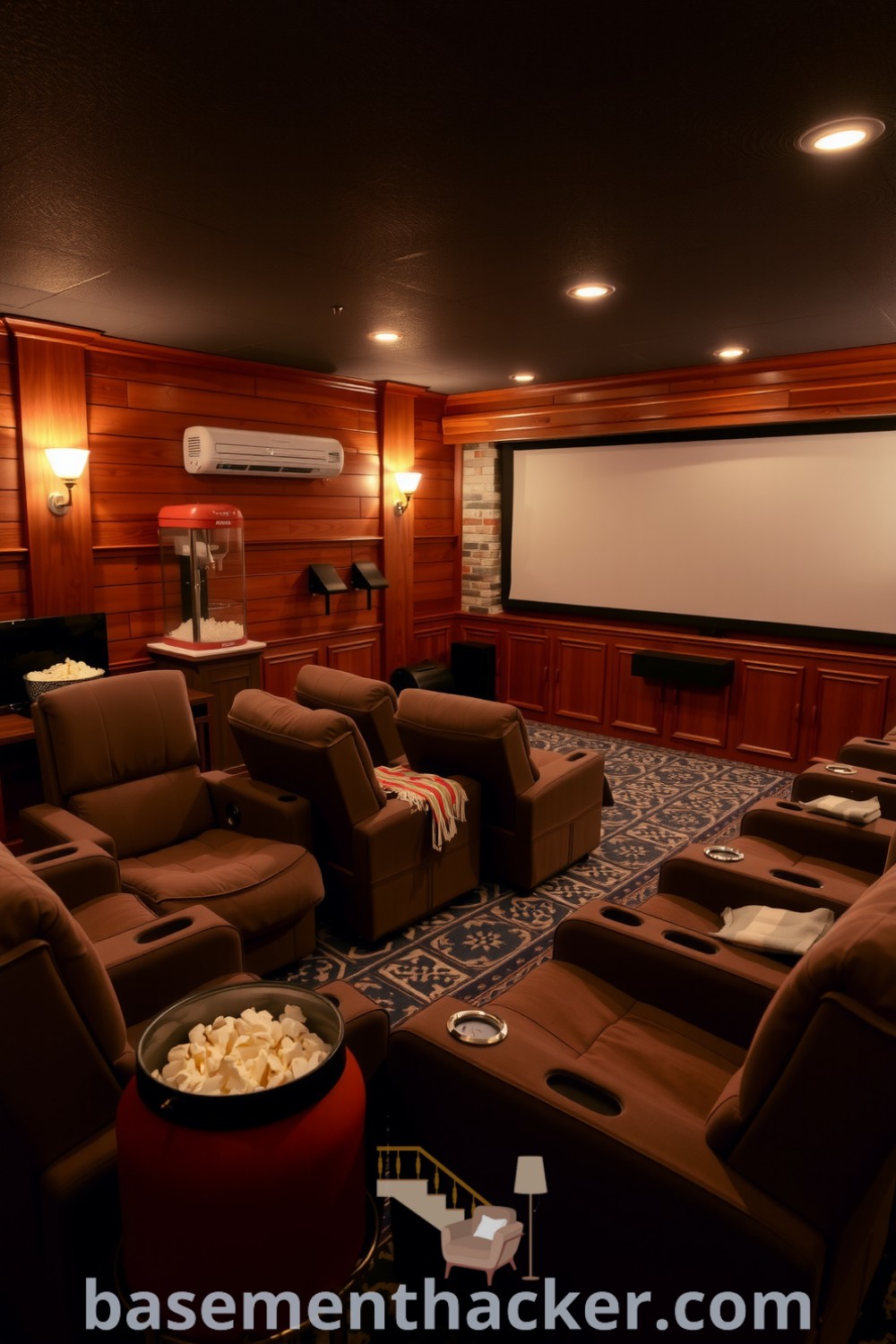 Intimate basement cinema room with oversized recliners, a large screen, exposed brick, warm lighting, and a popcorn machine, offering innovative ideas for designing stylish bonus space for the whole family, featured on basementhacker.com.