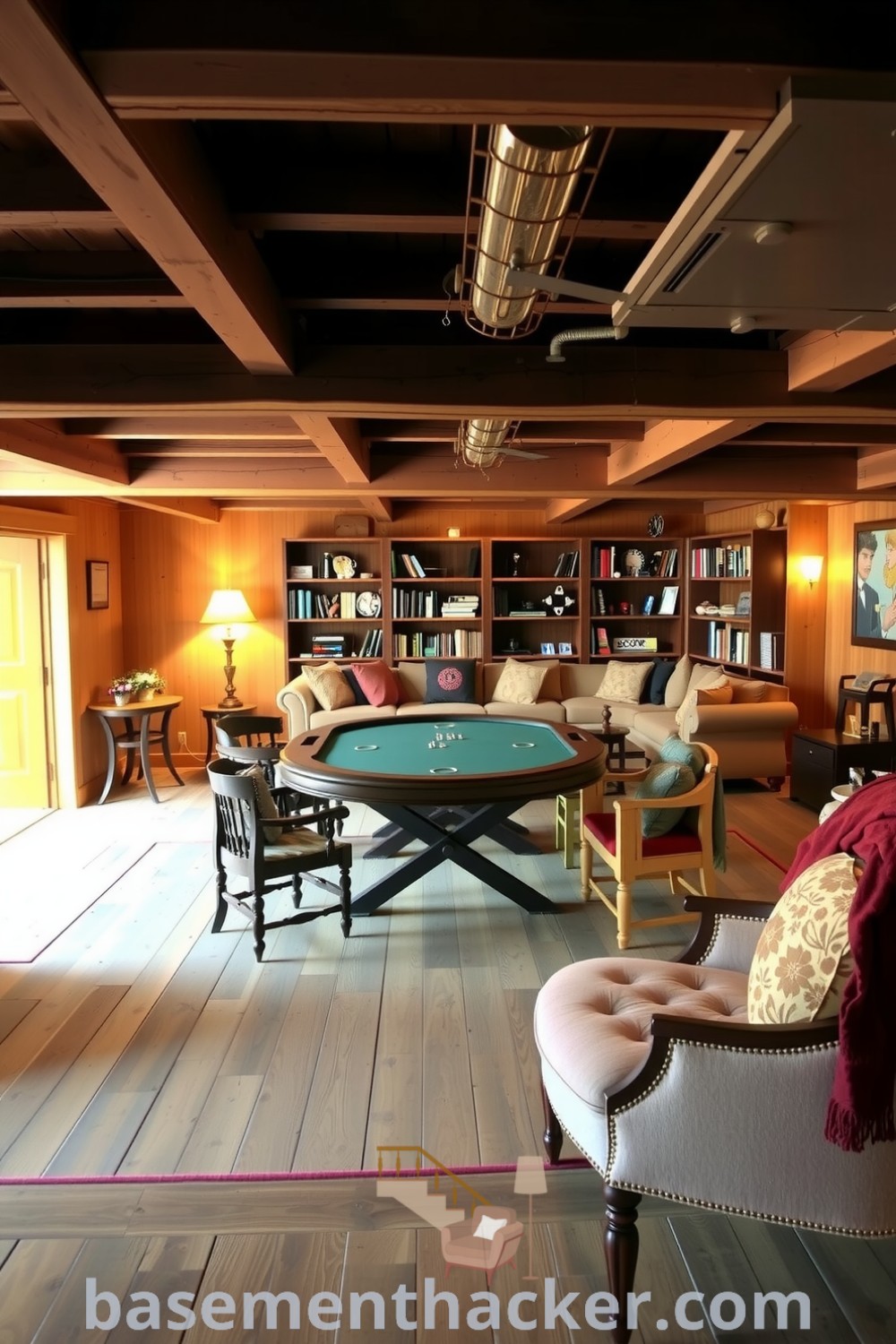 Charming basement game room featuring rustic wooden beams, a vintage poker table, eclectic chairs, plush couches, and shelves filled with games, ideal for a cozy and organized home design showcased on basementhacker.com.