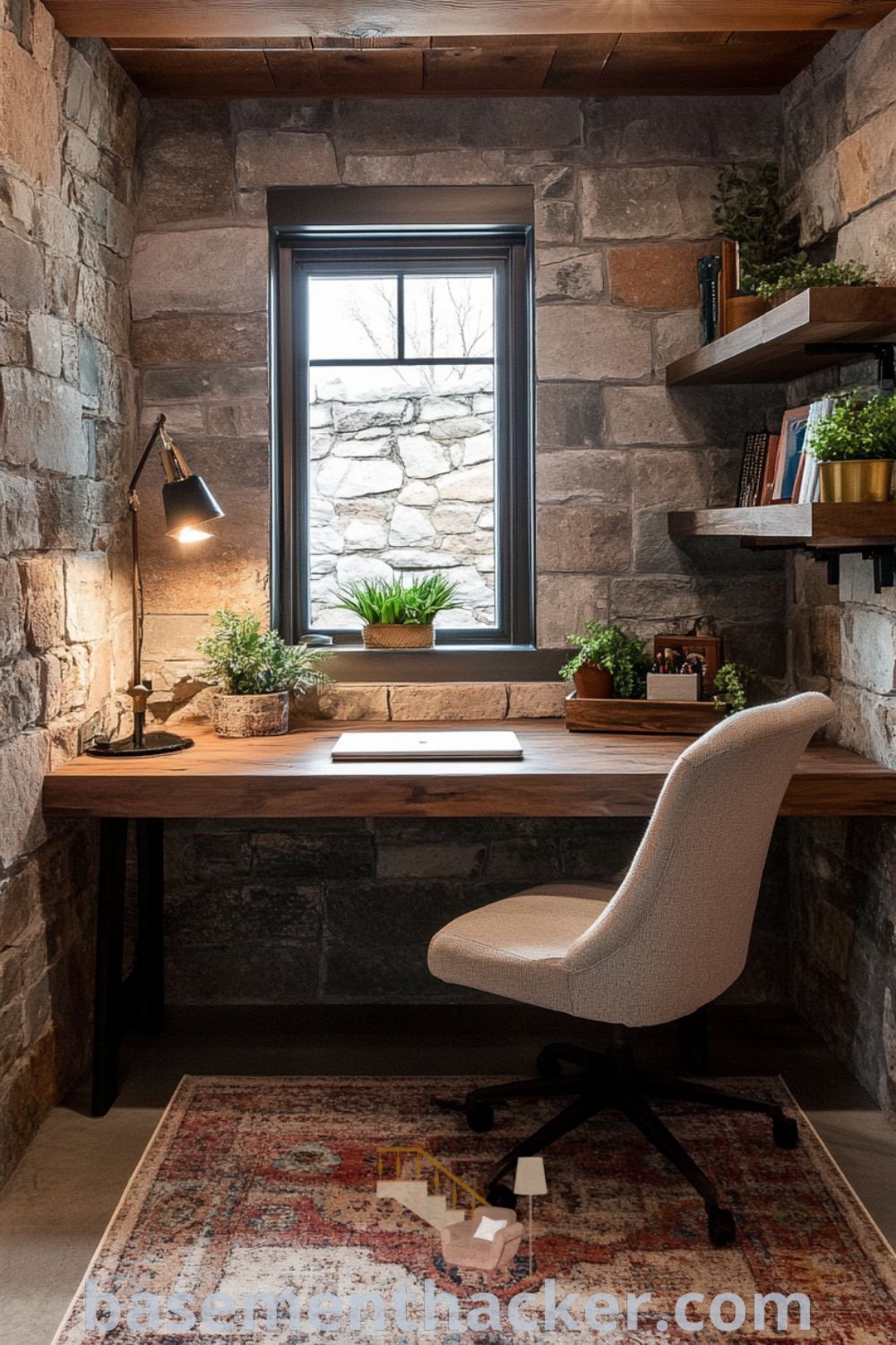 Modern basement office featuring a sleek wooden desk against exposed stone walls, bathed in natural light, with a plush rug, potted plants, and metal accents for styling ideas and organizational solutions, found on basementhacker.com.