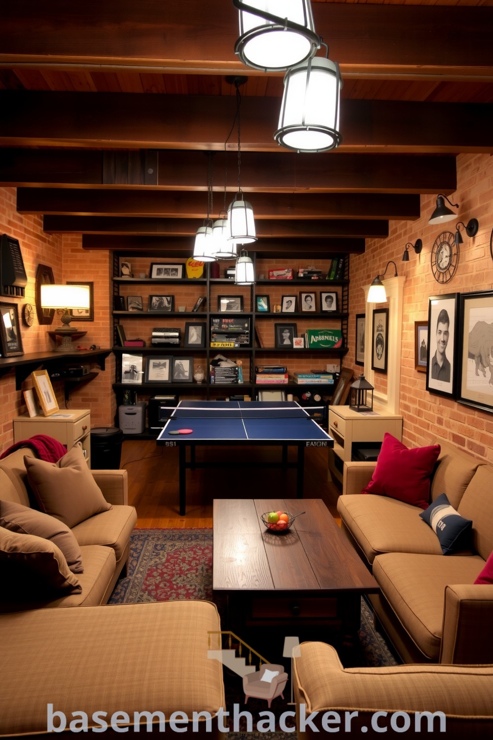 A cozy basement game room featuring a plush L-shaped sofa, vintage coffee table, sturdy ping pong table, and warm lantern lighting, ideal for entertaining and family fun, showcased on basementhacker.com.