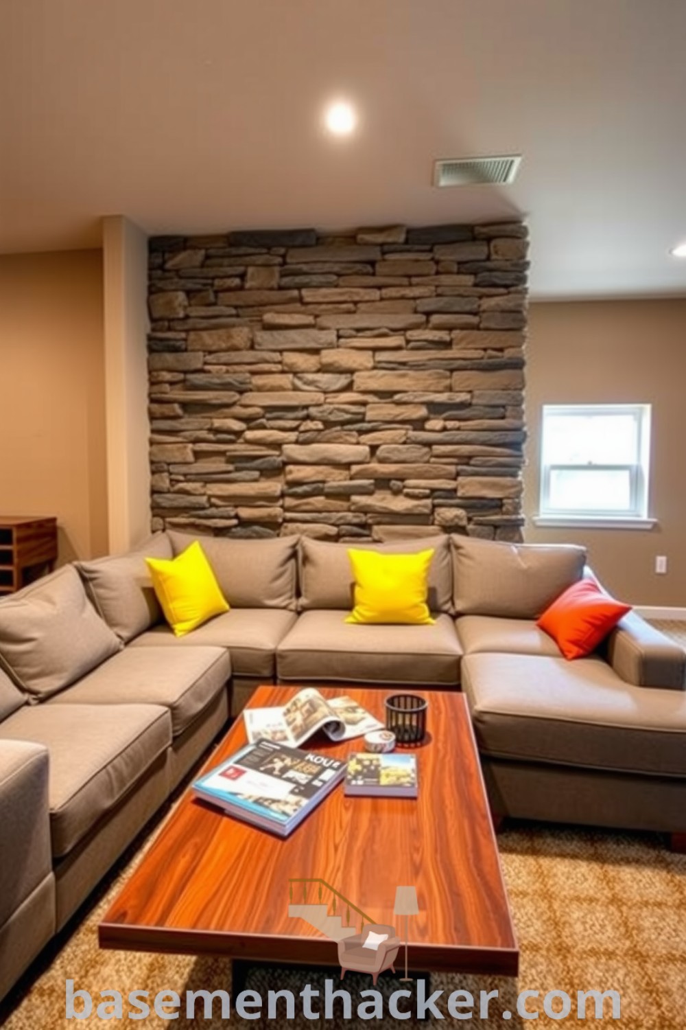 Contemporary basement living room with a gray sectional sofa, colorful cushions, rustic stone accent wall, and wooden coffee table, offering innovative ideas for designing a stylish and functional home, showcased on basementhacker.com.