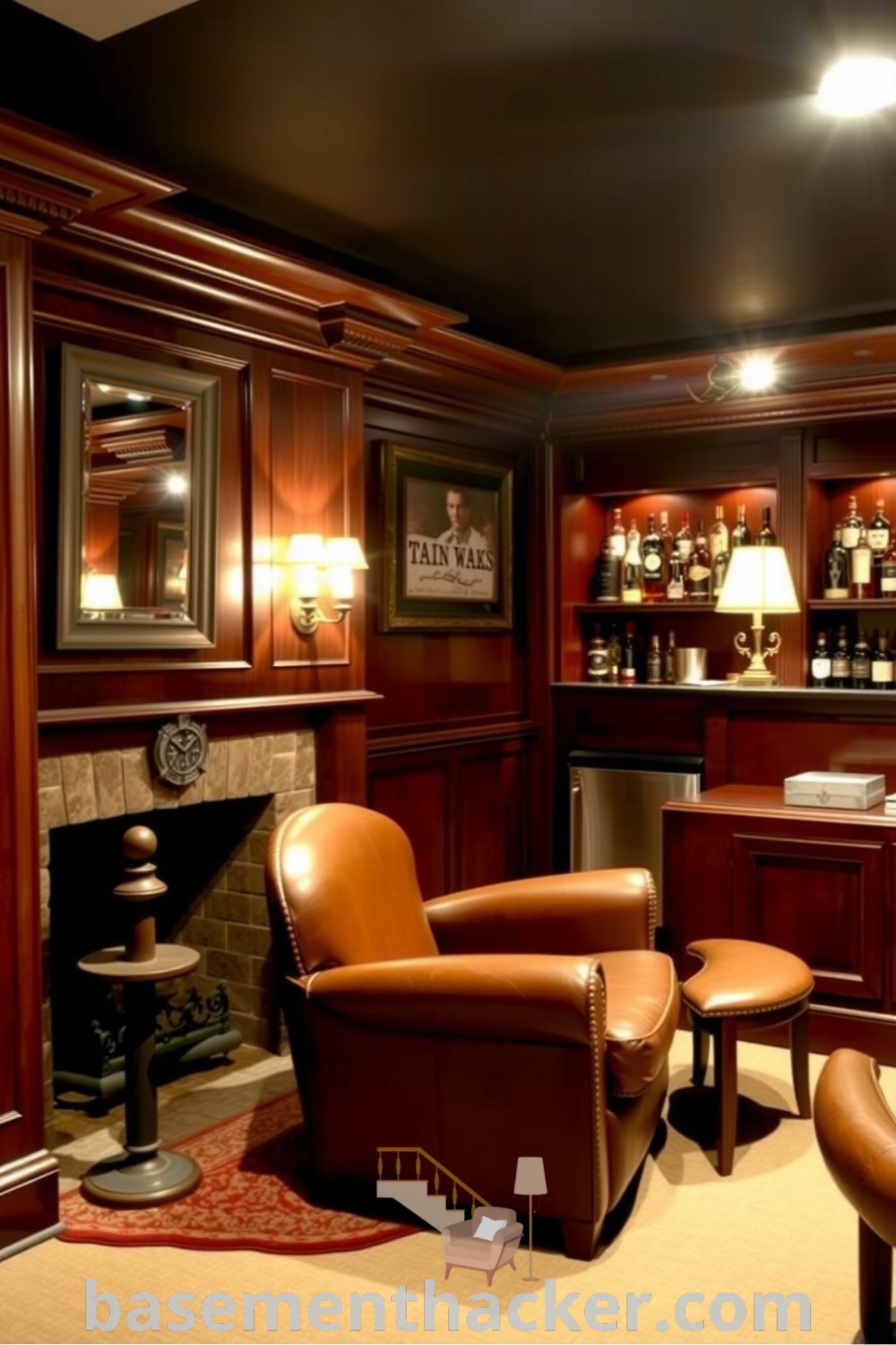 Elegant basement whiskey lounge featuring mahogany paneling, leather armchair, a handcrafted bar with amber bottles, and a stone fireplace for a cozy atmosphere, ideal for ultimate entertaining. Discover more innovative ideas for designing your space on basementhacker.com.