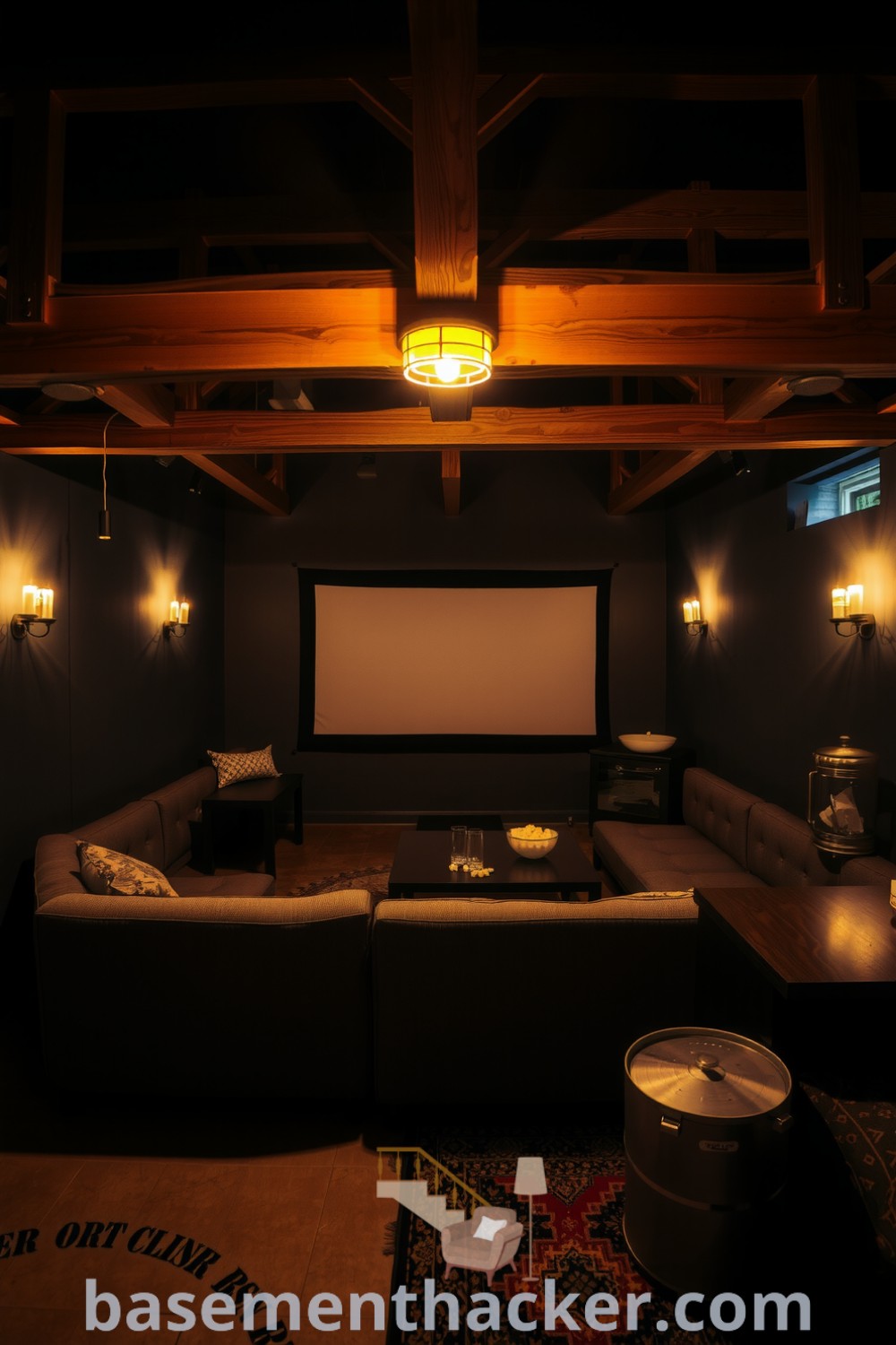 Cozy basement movie setup featuring a plush couch, large screen, rustic wooden beams, and a snack bar with popcorn and drinks, perfect for ultimate entertaining, showcased on basementhacker.com.