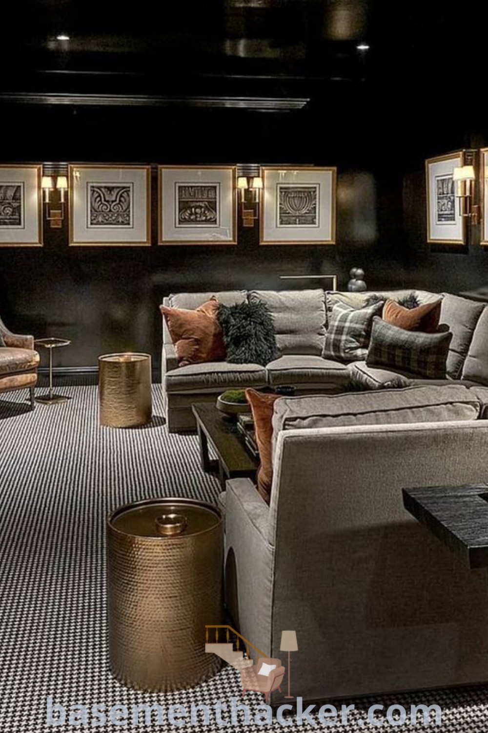 A cozy basement theater room featuring couches, tables, and wall decor, perfect for family movie nights. This space showcases innovative ideas for designing a stylish theater room, making it an ideal setup for ultimate entertaining. Explore more on basementhacker.com for remodeling tips and stylish designs that enhance your home’s functionality.