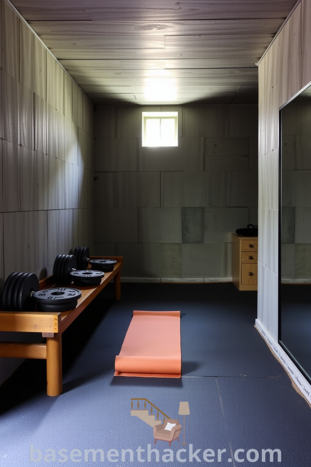 Stylish and functional basement fitness room with concrete walls, natural light, rubber flooring, and organized exercise equipment, perfect for a cozy and healthy home environment, featured on basementhacker.com.