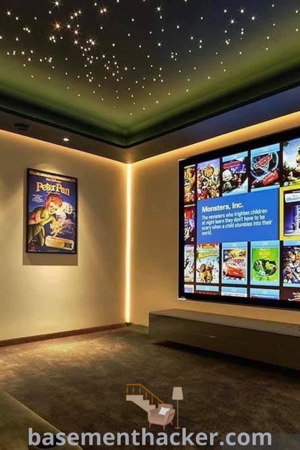 A beautifully designed home theater room with multiple movie posters on the walls and strategic ceiling lights, perfect for a cozy movie experience. This stylish home cinema offers innovative ideas for ultimate entertaining and enhancing family movie nights, showcasing design inspirations found at basementhacker.com.