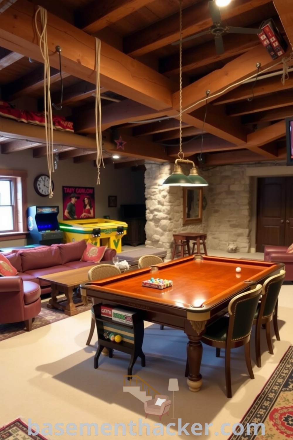 Inviting basement game room featuring rough-hewn wooden beams, a plush couch, polished pool table, and vintage arcade machine, ideal for family gatherings and friendly rivalry, presented on basementhacker.com.
