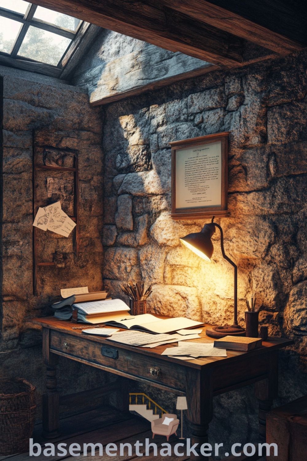 Cozy loft-style basement office featuring a wooden desk against a stone wall, illuminated by a vintage lamp, showcasing elements of comfort and productivity, featured on basementhacker.com.