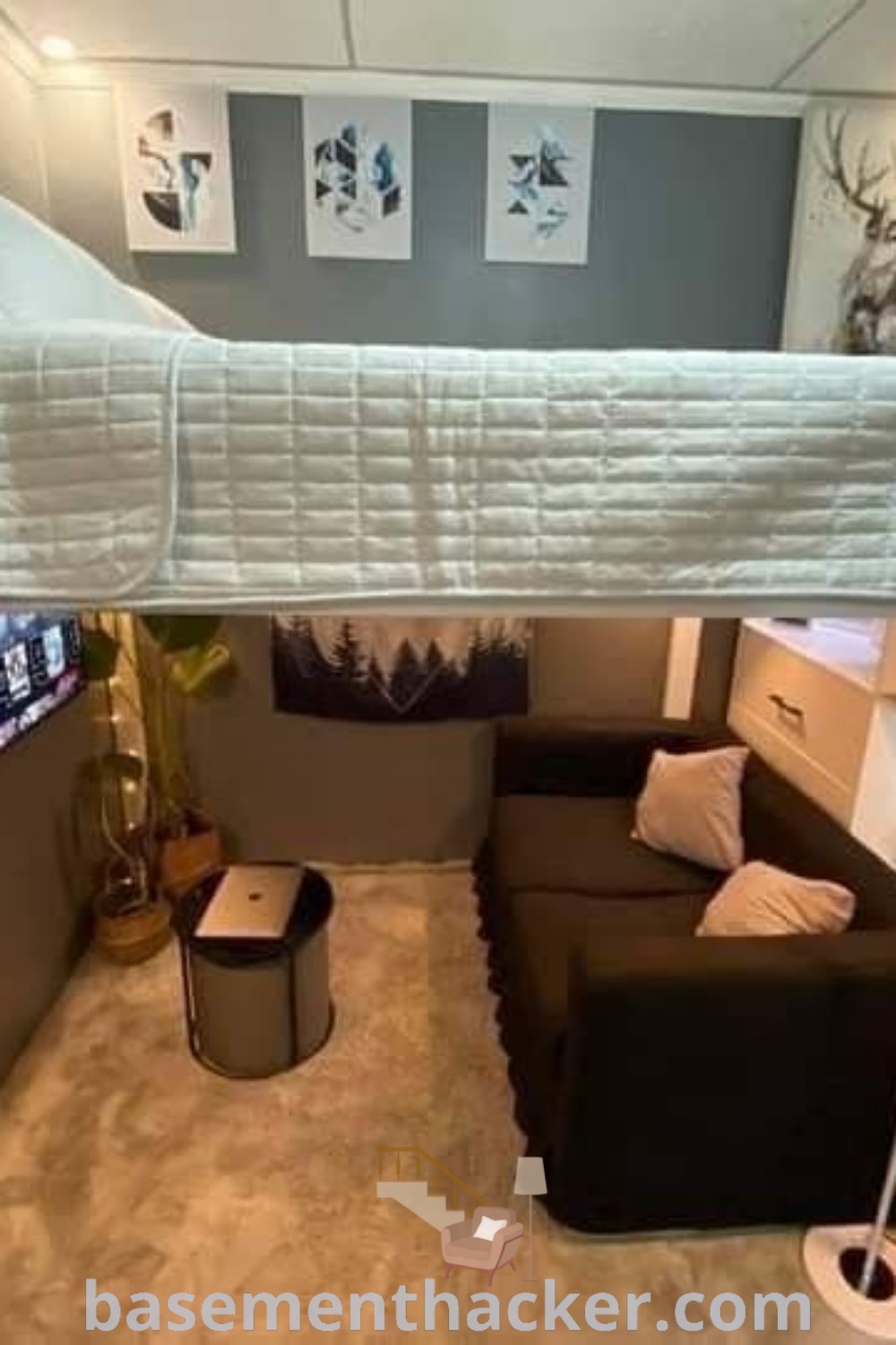 An overhead view of a stylish living room showcasing a loft bed with a couch underneath, perfect for innovative basement makeovers and small gaming room setups. This design provides awesome ideas for a cozy and organized home while maximizing space with aesthetic benefits. For more inspiration, visit basementhacker.com.