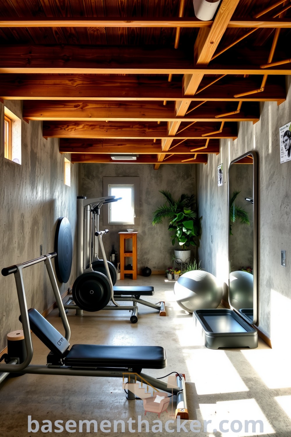 Cozy basement gym with wooden beams, sleek metal equipment, natural light, potted plants, and a mirror, offering innovative ideas for designing a stylish and functional home space, featured on basementhacker.com.