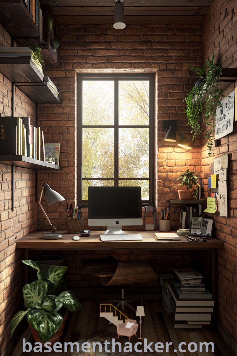 Cozy and functional basement home office with exposed brick walls, wooden desk, and potted plants, featuring a warm ambiance ideal for productivity, showcased on basementhacker.com.