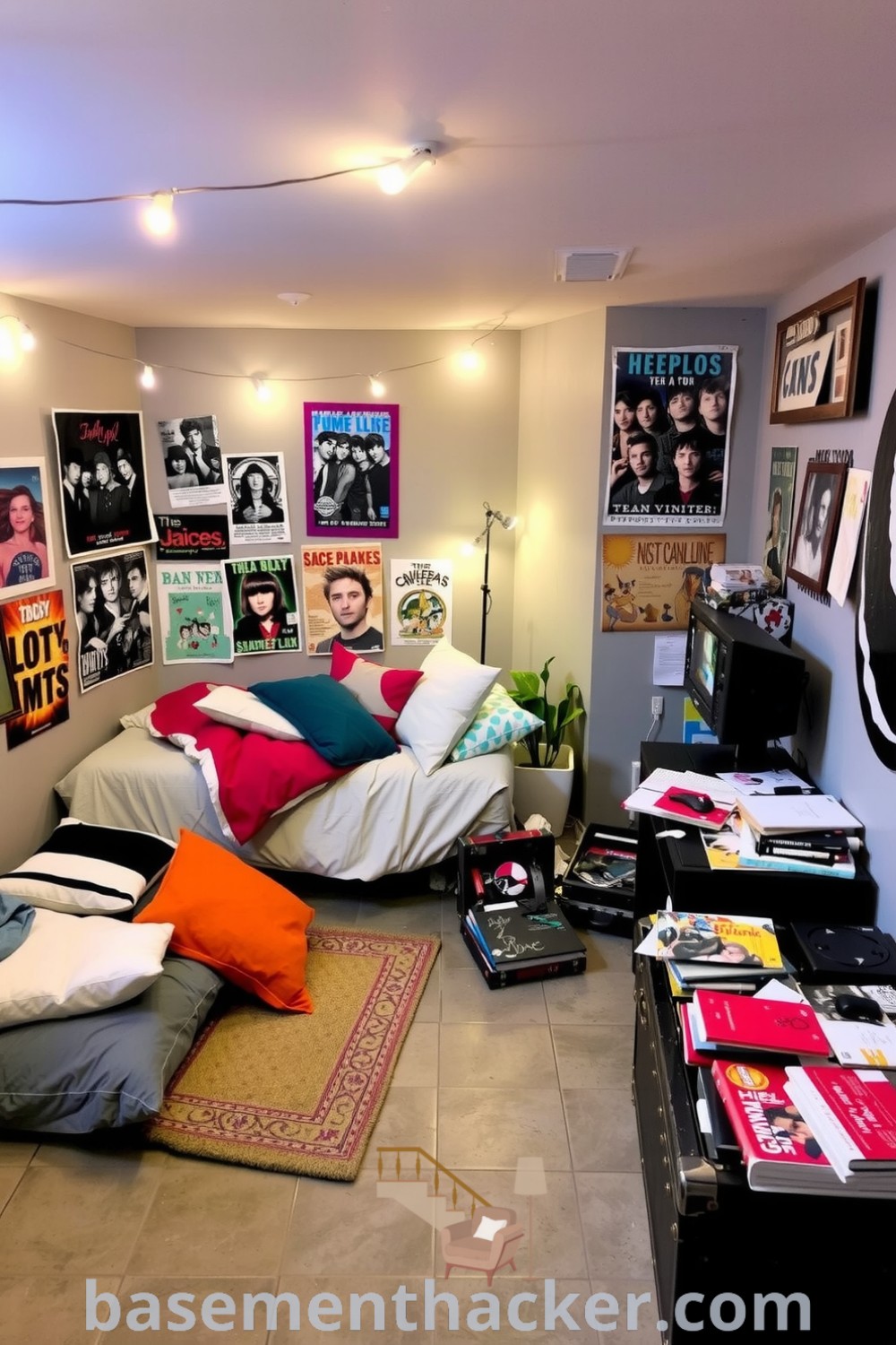 Colorful basement bedroom for teenagers with mismatched sheets, string lights, and posters, showcasing innovative ideas for designing a cozy and organized home, featured on basementhacker.com.