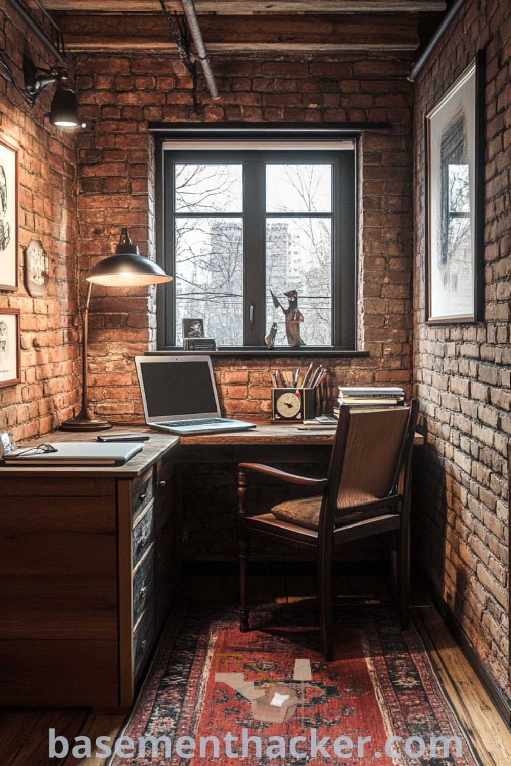 Cozy basement home office with exposed brick walls, warm wooden furniture, and soft lighting, designed for productivity and comfort, featured on basementhacker.com.