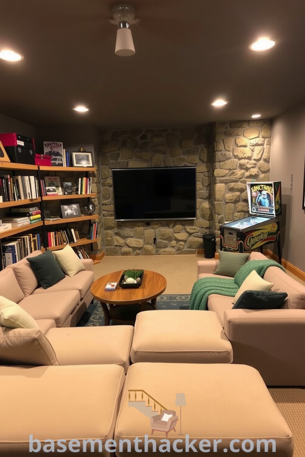 Cozy basement lounge featuring a plush L-shaped beige couch, rustic wooden coffee table, and stone wall, illuminated by soft lighting with books and games, ideal for ultimate entertaining as showcased on basementhacker.com.