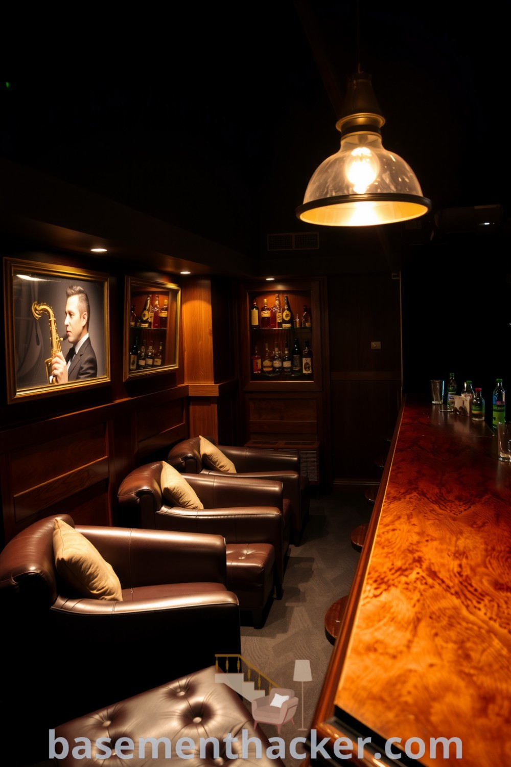 Elegant basement whiskey lounge featuring rich wooden panels, a polished oak bar, plush leather armchairs, and soft jazz ambiance, perfect for ultimate entertaining, showcased on basementhacker.com.
