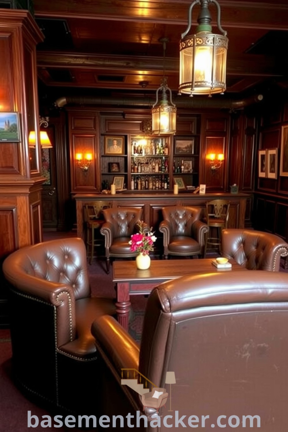 Charming basement whiskey lounge with rich wood paneling, exposed brick walls, polished bar counter, and overstuffed leather armchairs, designed for ultimate entertaining and stylish bonuses, featured on basementhacker.com.