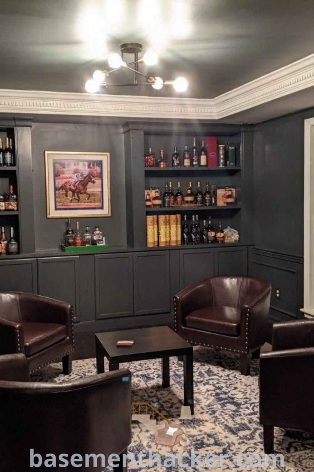 A cozy bourbon lounge featuring two leather chairs in front of a stylish bar filled with liquor bottles on shelves, showcasing innovative ideas for designing a formal living room turned bar. Explore more design inspiration at basementhacker.com.