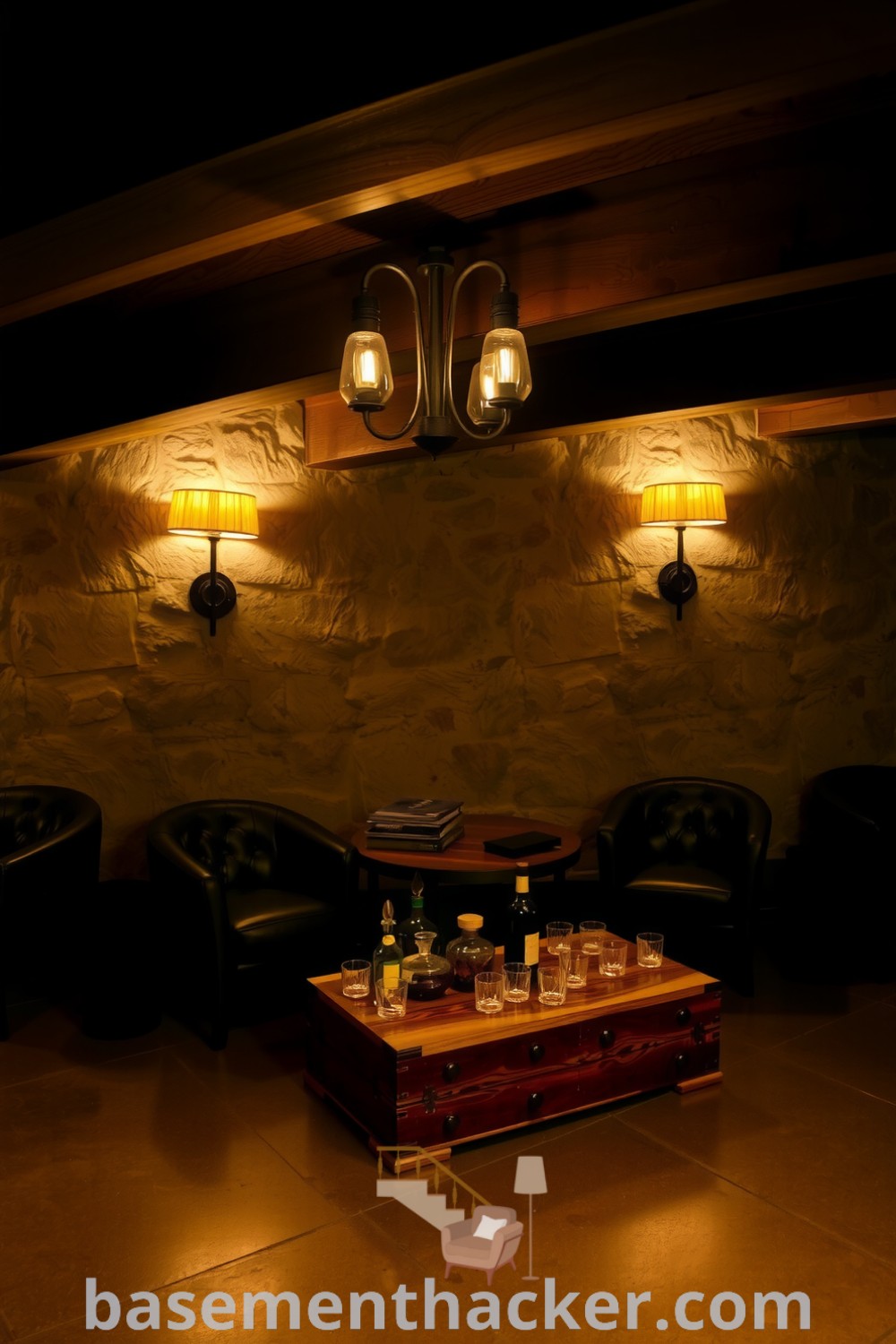 Intimate whiskey lounge in a basement featuring rich wooden beams, rough stone walls, plush leather armchairs, and soft lighting, showcasing innovative basement makeover ideas for a stunning revamp on basementhacker.com.
