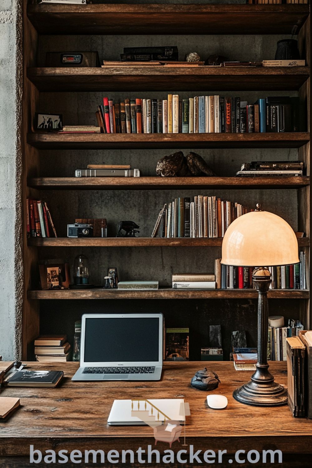 A cozy basement office featuring worn wooden shelves filled with books and knick-knacks, a sturdy desk with a vintage lamp, and soft lighting from a small window, showcasing innovative ideas for designing a stylish and functional home, as seen on basementhacker.com.