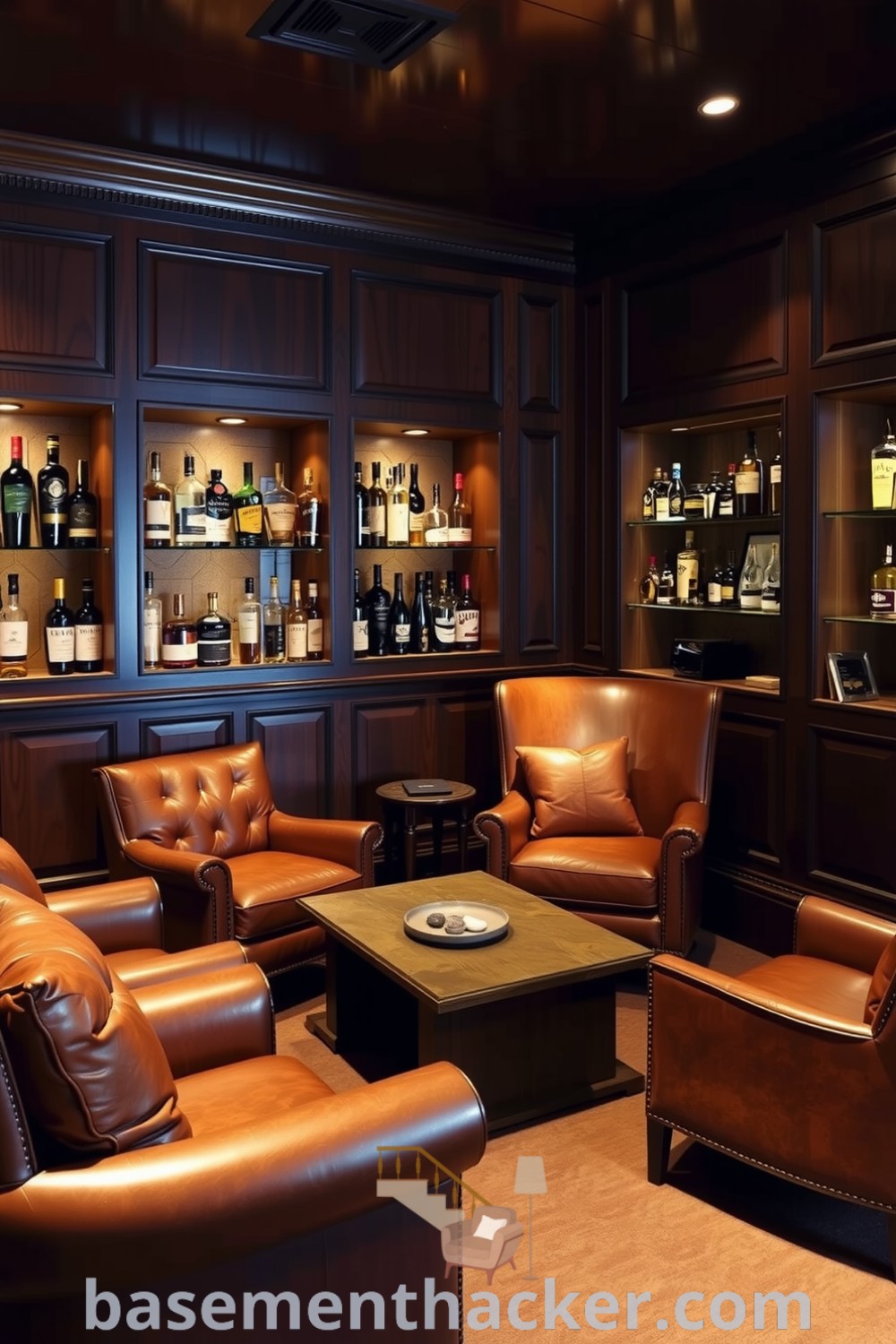 Elegant basement whiskey lounge with mahogany paneling, plush leather armchairs, and textured stone walls, perfect for ultimate entertaining and stylish relaxation, showcased on basementhacker.com.